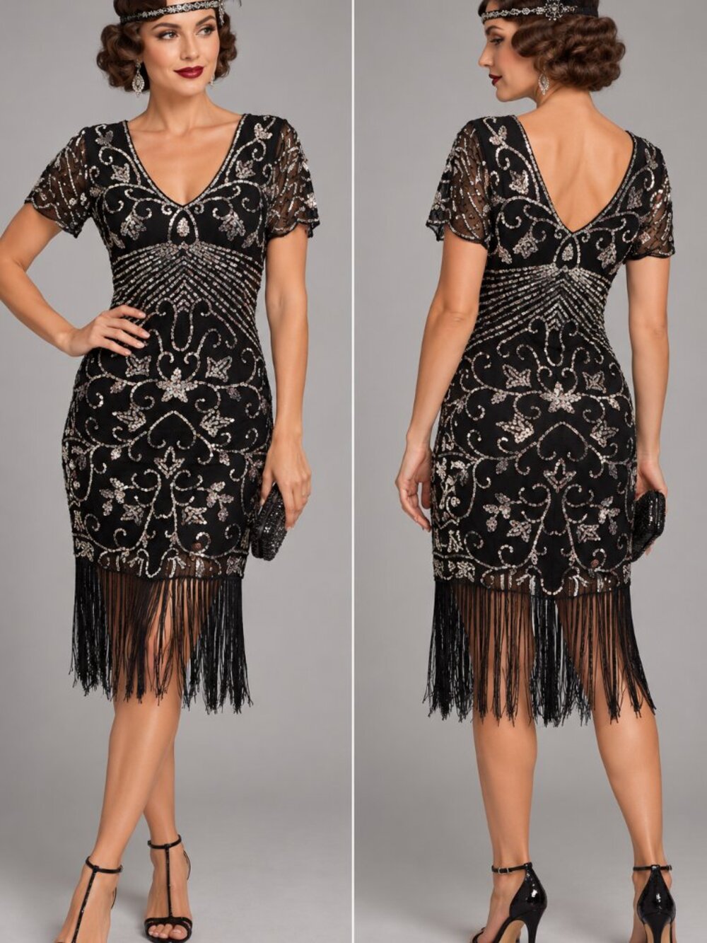 Unique Vintage Black Sequin Fringe Flapper Dress 1920s Gatsby Halloween Med 6/8